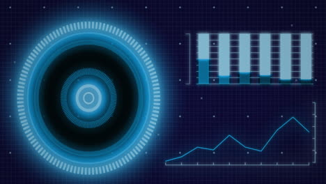 Animación-De-La-Interfaz-Con-Escáner-Redondo-De-Neón-Y-Procesamiento-De-Datos-Estadísticos-Sobre-Fondo-Azul