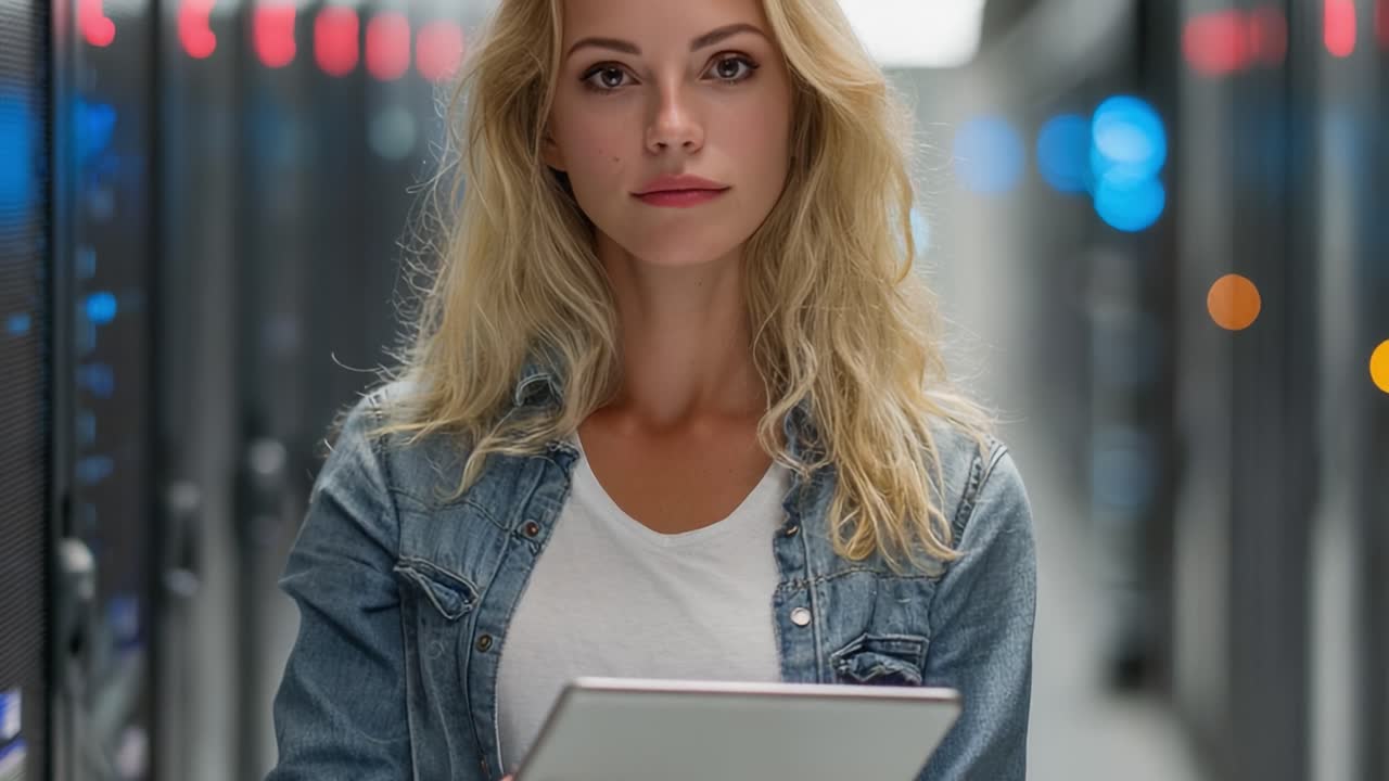 Una donna sicura di sé con un tablet in una moderna sala server, che cattura l'essenza della tecnologia e dell'empowerment femminile nell'era digitale