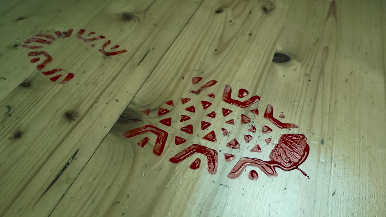 Closeup view circles around one bloody boot or shoe print left on a parquet wood floor in gloomy lit room. Tread footprint pattern is clearly visible, marking the trace of fleeing suspect, criminal
