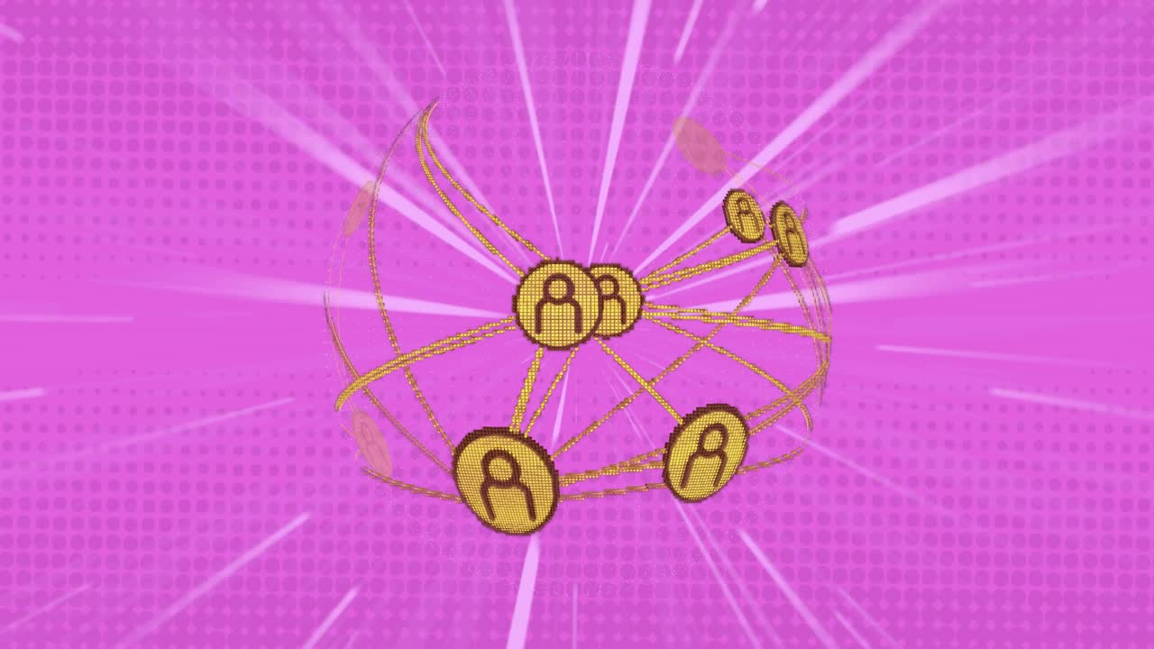 3D yellow user network rotating after pulse, nodes shifting and scaling to show connections