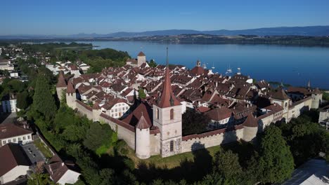 murten medieval fortification walls switzerland europe morat old town aerial drone