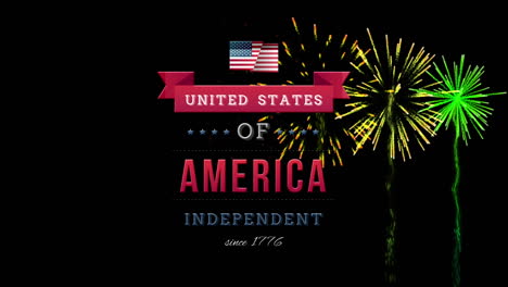 united states of america, independent since 1776 text in banner and fireworks