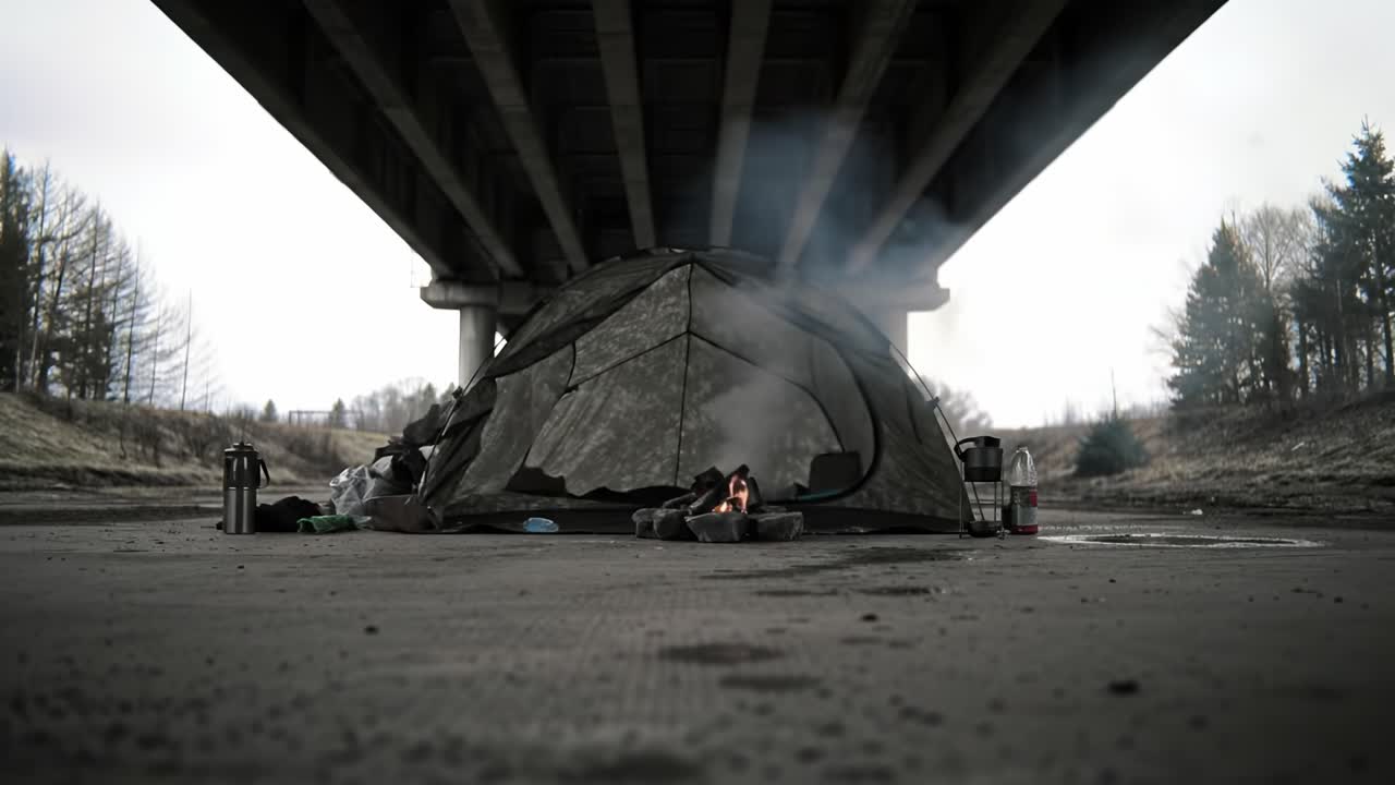 A solitary tent under an overpass, surrounded by smoke and remnants of life, illustrating resilience and survival in challenging urban environments
