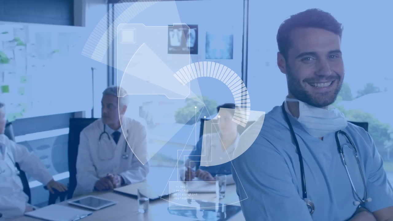 Animation of scope scanning over caucasian male doctors talking and smiling