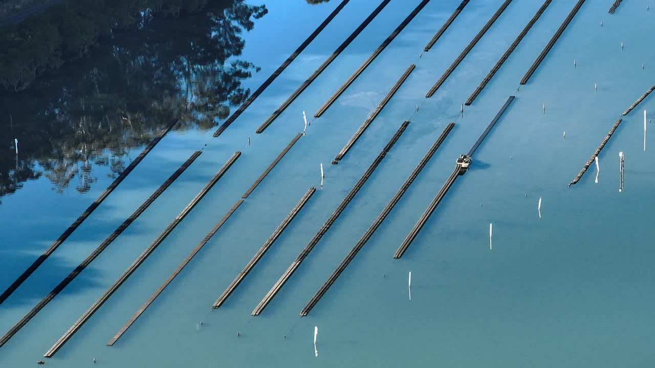 Drone shot of Oyster farms on Wapengo lake, South Coast, New South Wales, Australia