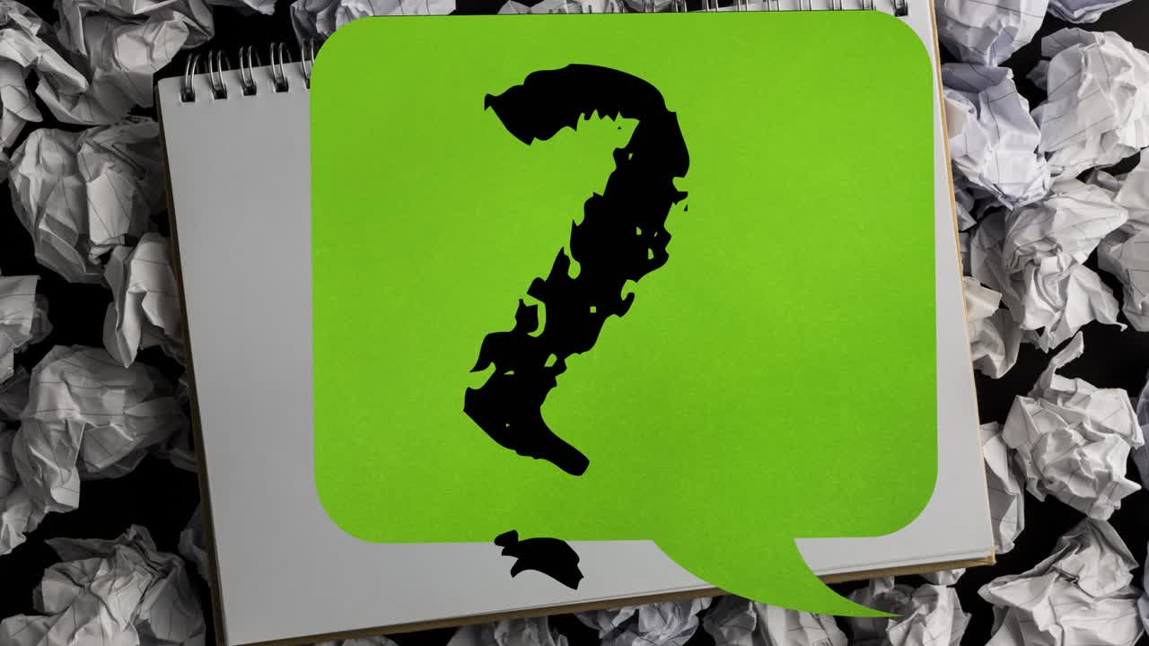 Animation of question mark in speech bubble over notebook