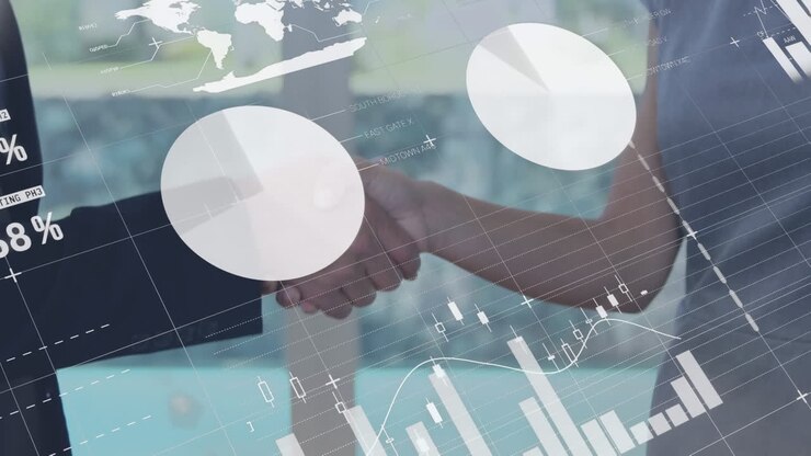 Elaborazione dati statistici su sfondo di un uomo e una donna d'affari che si stringono la mano