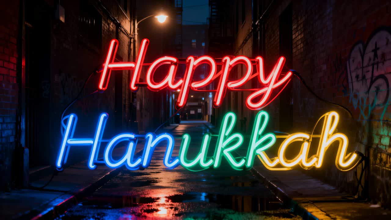 Fluctuating power causing neon Happy Hanukkah sign flickering over wet alley, mirroring puddles