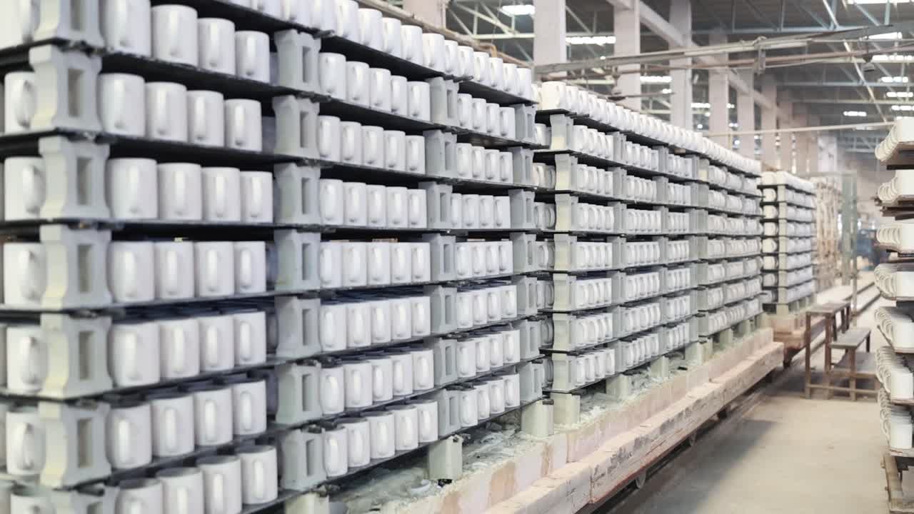 Rows of white ceramic mugs stacked on industrial kiln car shelves inside