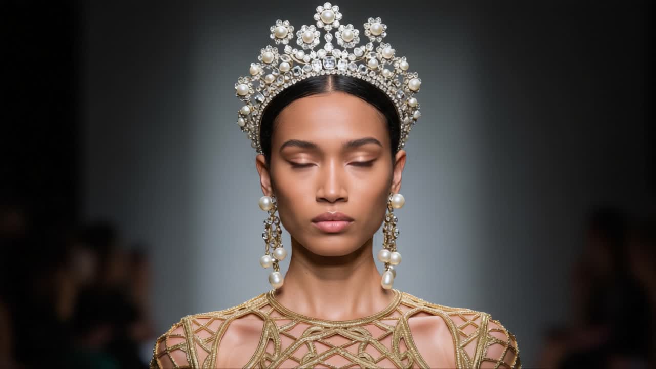 A Stunning Display of Elegance and Fashion: A Model Exudes Grace with Radiant Accessories and Intricate Attire at a Glamorous Fashion Show