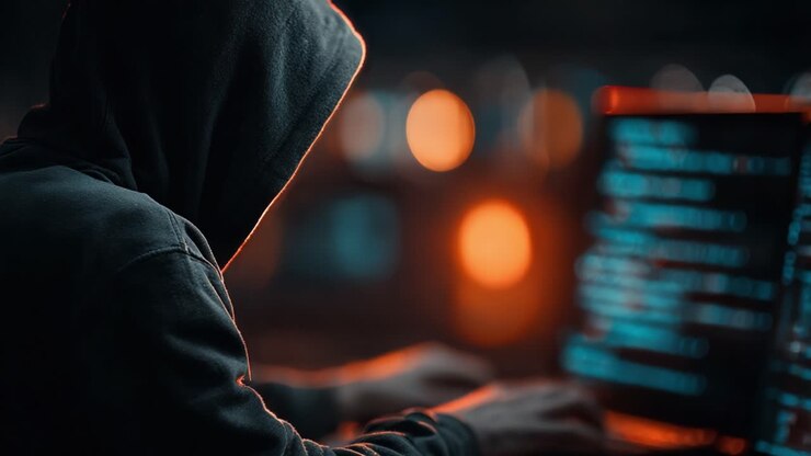 Una figura misteriosa con una felpa con cappuccio intenta a programmare su un portatile in un ambiente scarsamente illuminato, circondata da luci brillanti e codice complesso
