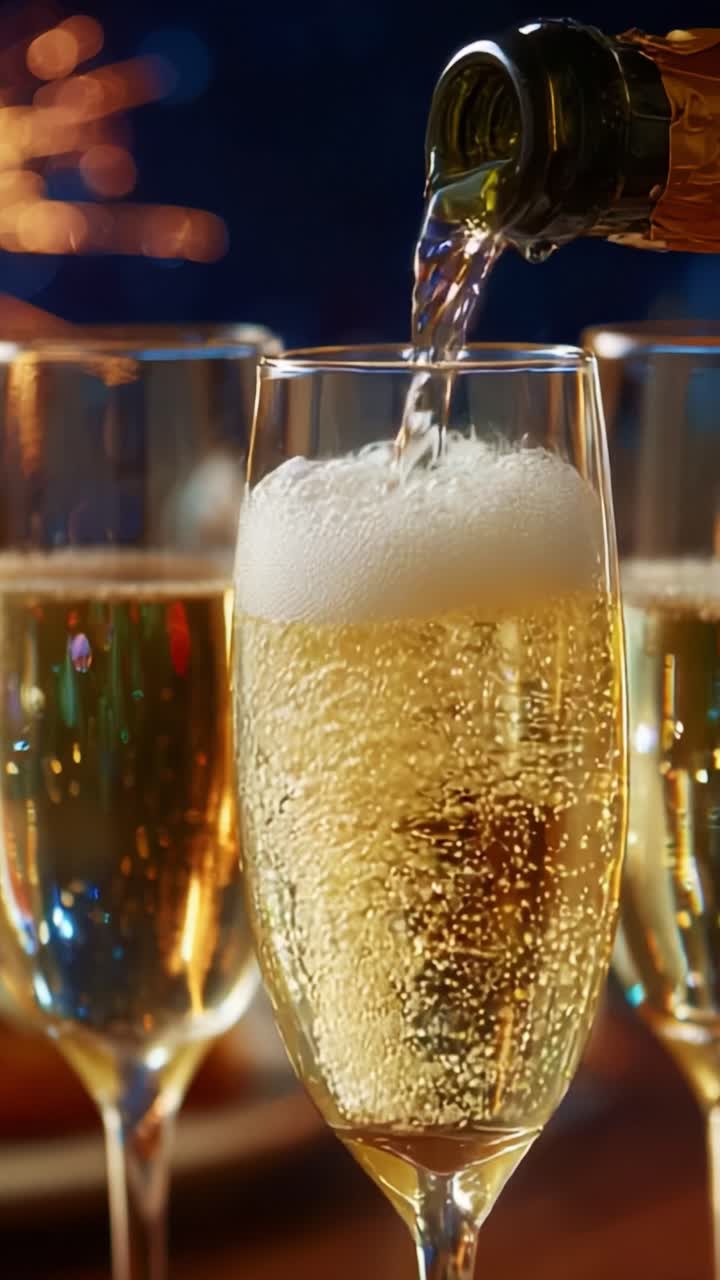 A Close-Up of Sparkling Champagne Being Poured into a Flute Glass Surrounded by Other Glasses, Highlighting the Bubbles and Celebration Atmosphere Captured in a Beautifully Lit Background