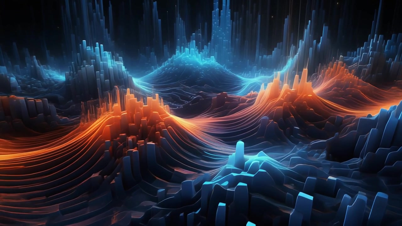 Abstract Digital Landscape with Glowing Orange and Blue Data Waves