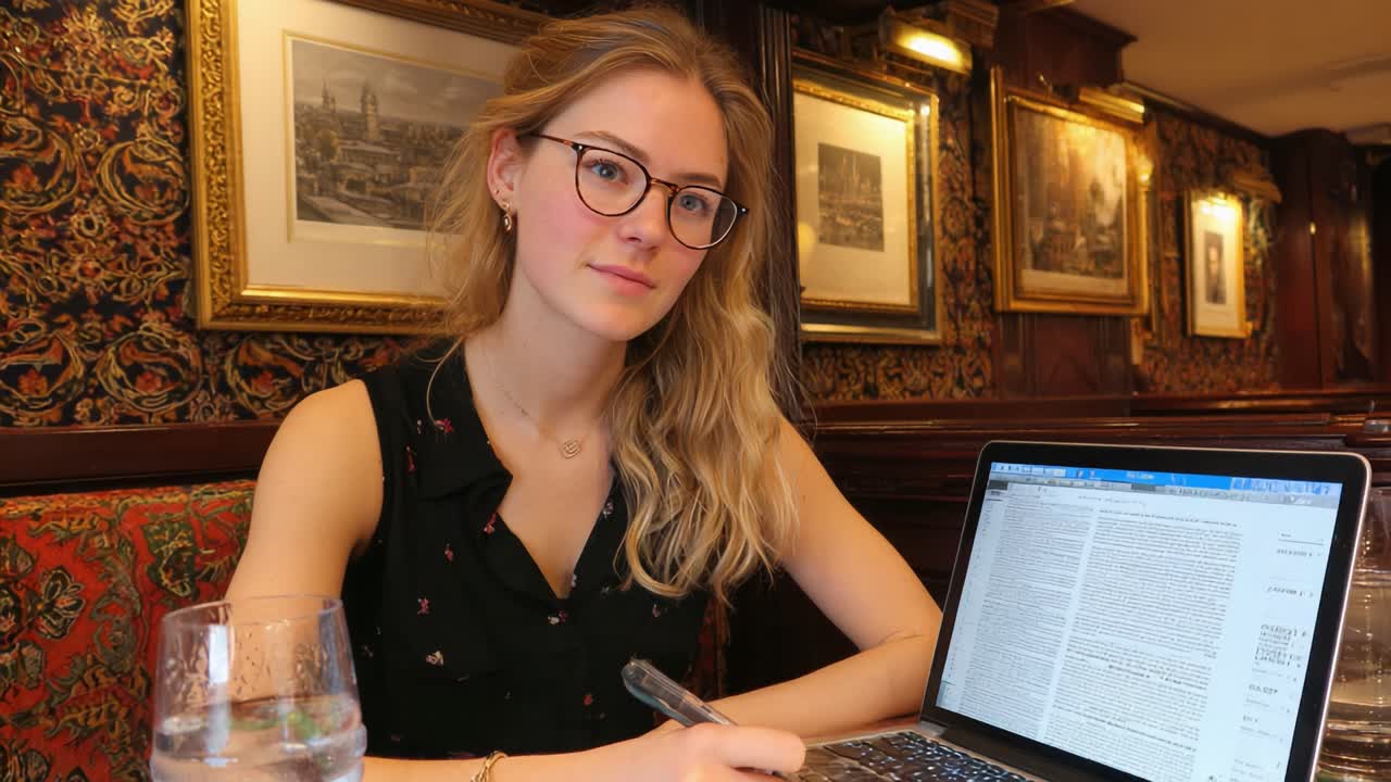 Focused Young Woman Studying in Elegant Venue with Laptop and Notes: A Scene of Dedication and Academic Pursuit in a Sophisticated Setting