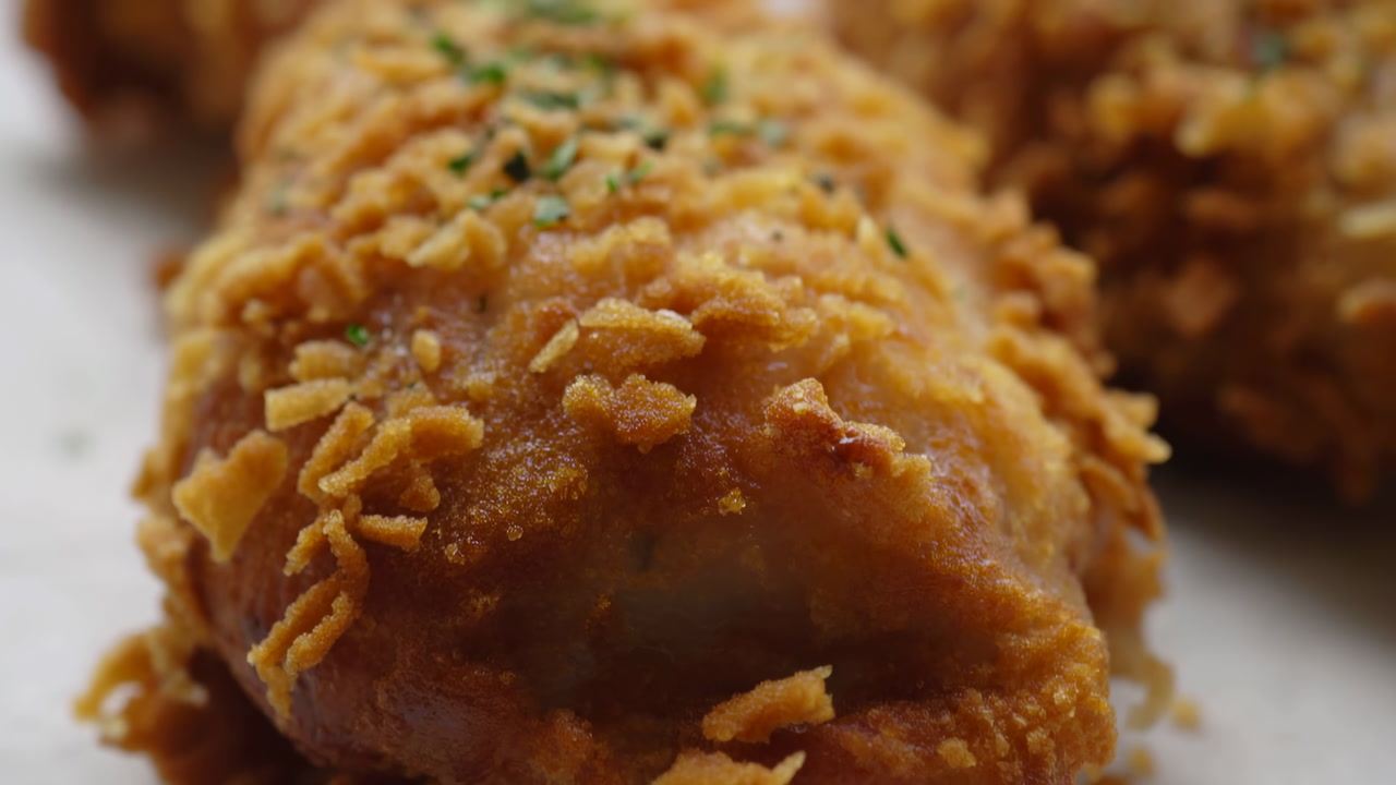 Crispy Breaded Chicken Close Up Golden Crust, Cornflake Coating And Parsley Garnish On White Plate, Macro