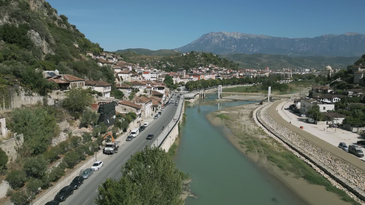 Aerial shot of Berat city entrace with large window buildings