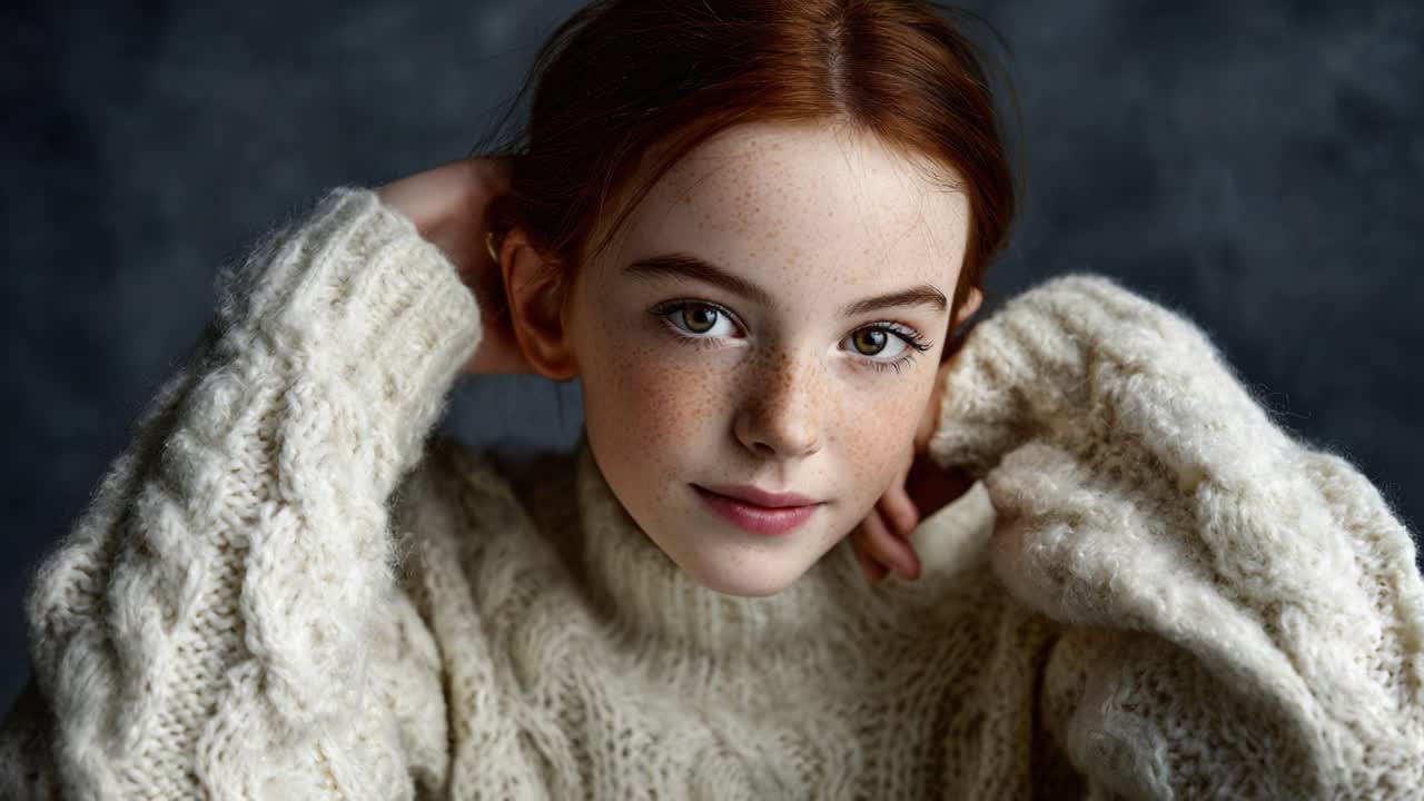 Captivating Portrait of a Young Girl with Freckles in a Cozy Sweater, Emphasizing Natural Beauty and Soft Expressions in a Studio Setting