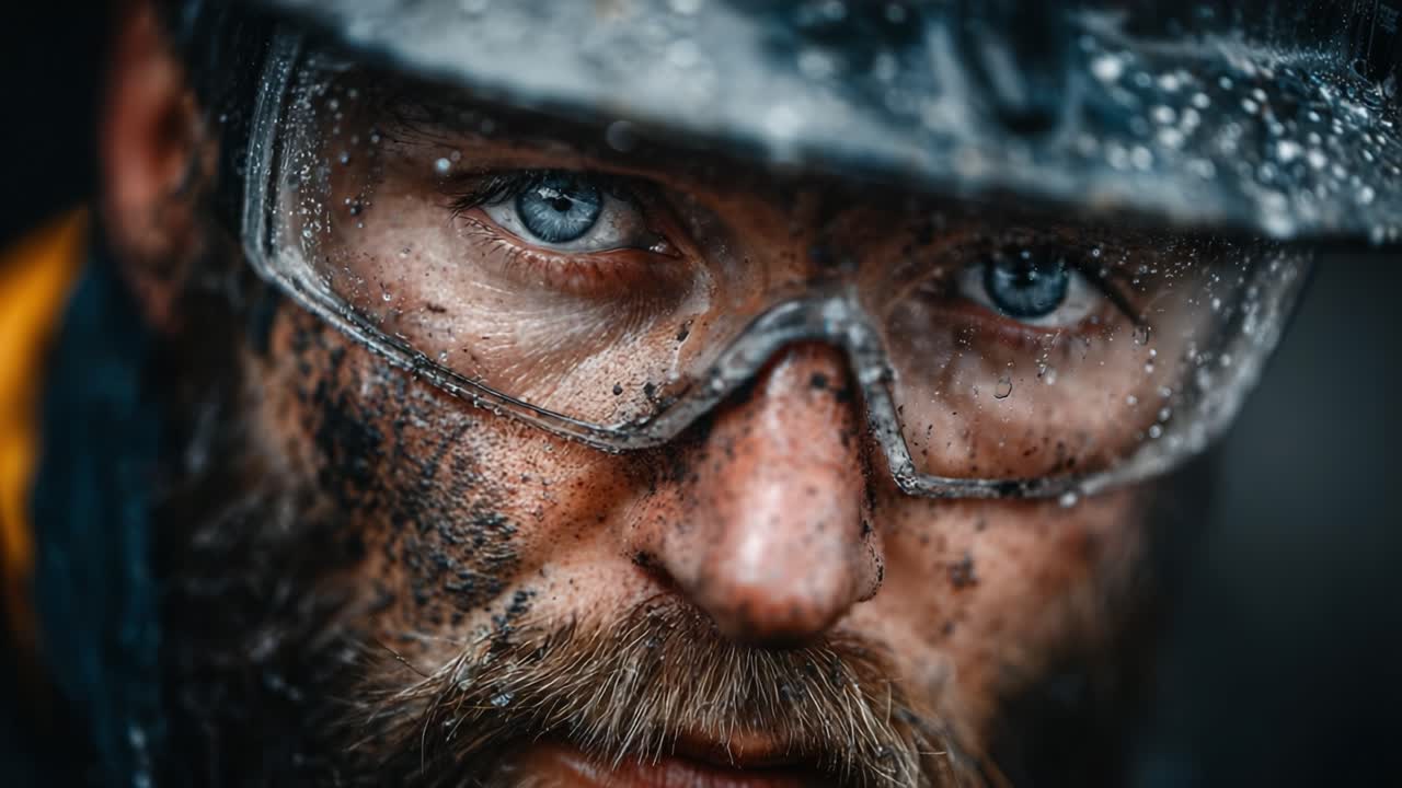 Intense Close-Up of a Dirty Worker with Blue Eyes and Safety Gear, Captivating Grit, Determination, and Resilience Amidst a Rugged Environment