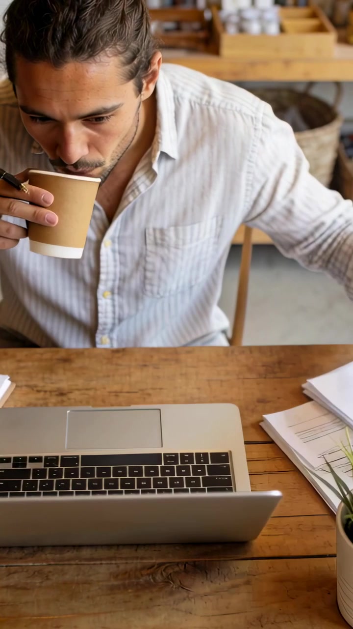 Video vertical: Hombre trabajando en camisa, concentrado en su portátil en un café, organizando papeles, bebiendo café.