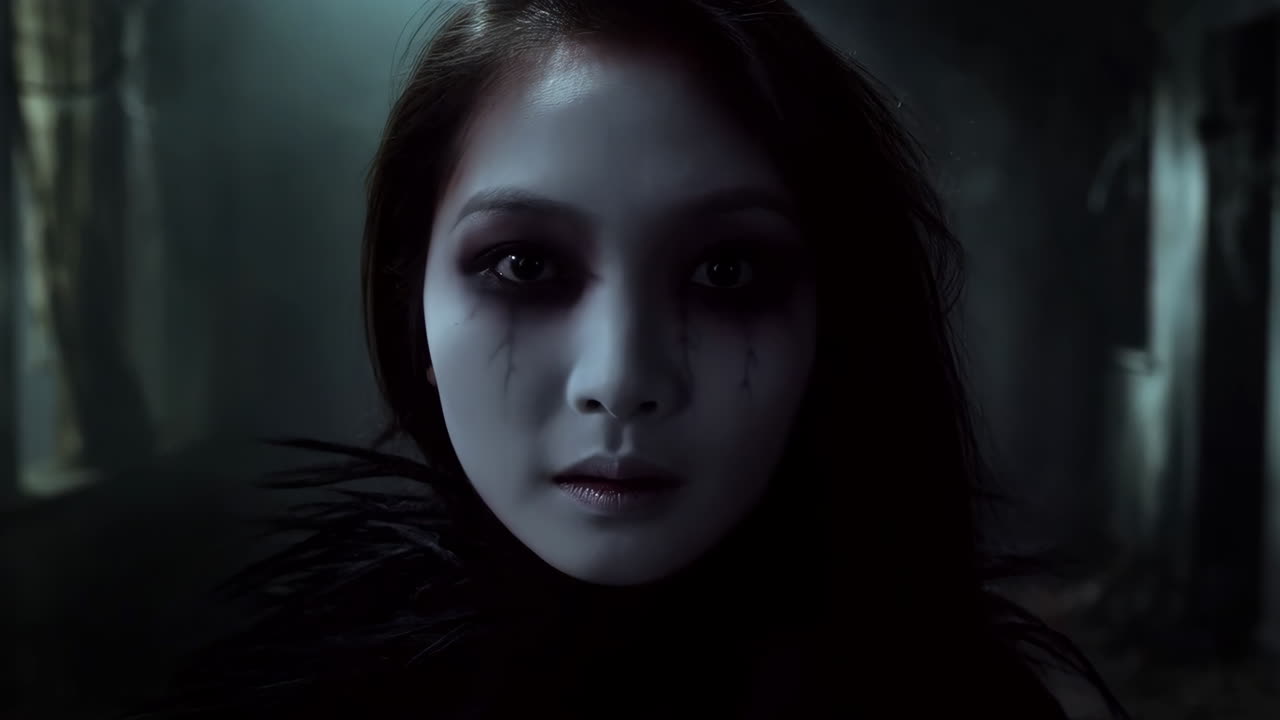 Eerie Portrait of a Woman with Dark Streaked Makeup