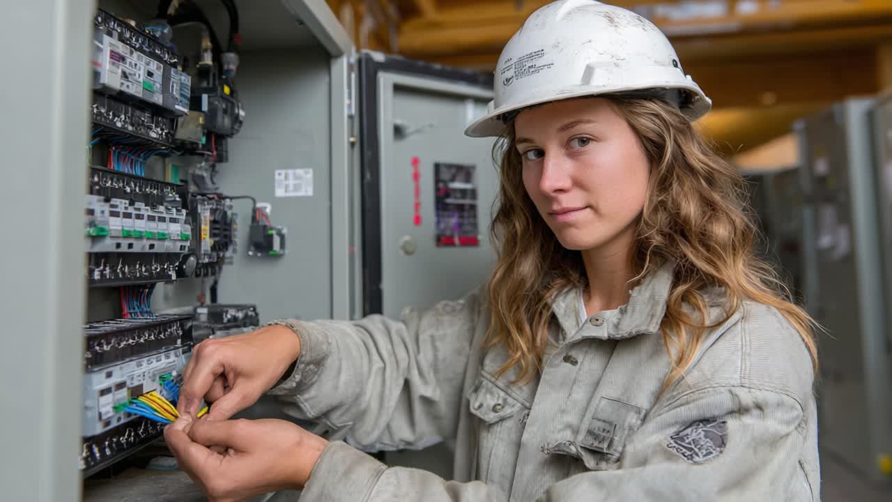 A skilled technician works diligently on electrical panels, showcasing her expertise and attention to detail in a well-lit industrial setting