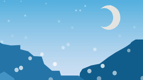 animación de luna creciente de navidad y puntos blancos cayendo sobre un fondo azul