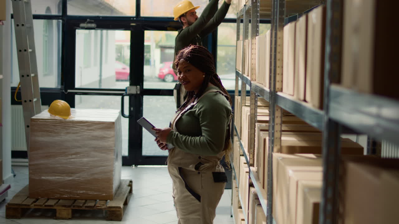 Warehouse employees working in storage facility