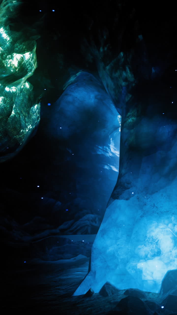 Exploration de la beauté fascinante des formations de glace lumineuses dans une grotte sombre