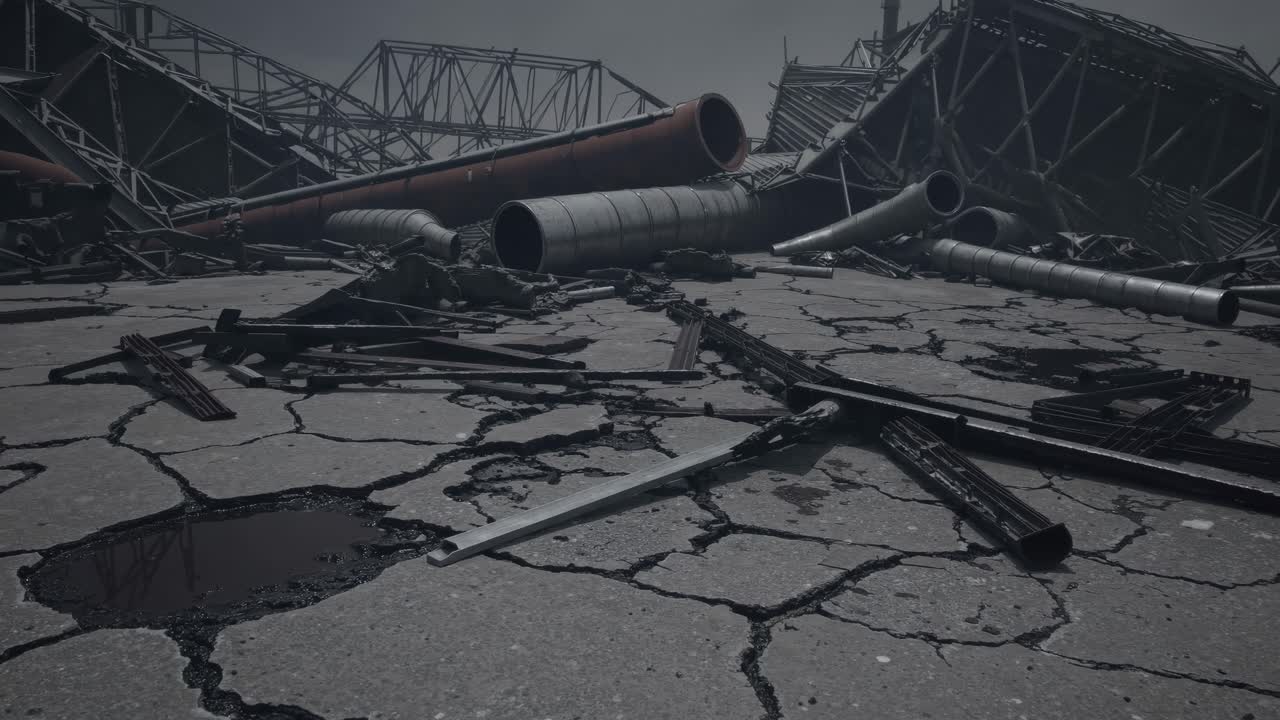 Pipes and metal beams are laying on a cracked asphalt surface in a destroyed industrial area showing signs of pollution and devastation with a dramatic sky in the background