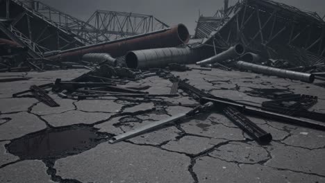 pipes and metal beams are laying on a cracked asphalt surface in a destroyed industrial area showing signs of pollution and devastation with a dramatic sky in the background