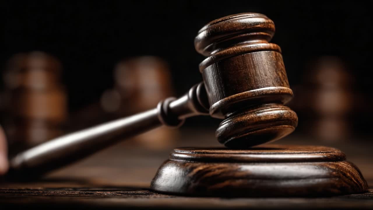 Una vista ravvicinata di un martelletto di legno che simboleggia giustizia, autorità e stato di diritto, posto su uno sfondo scuro per evidenziare la sua importanza nei procedimenti legali.