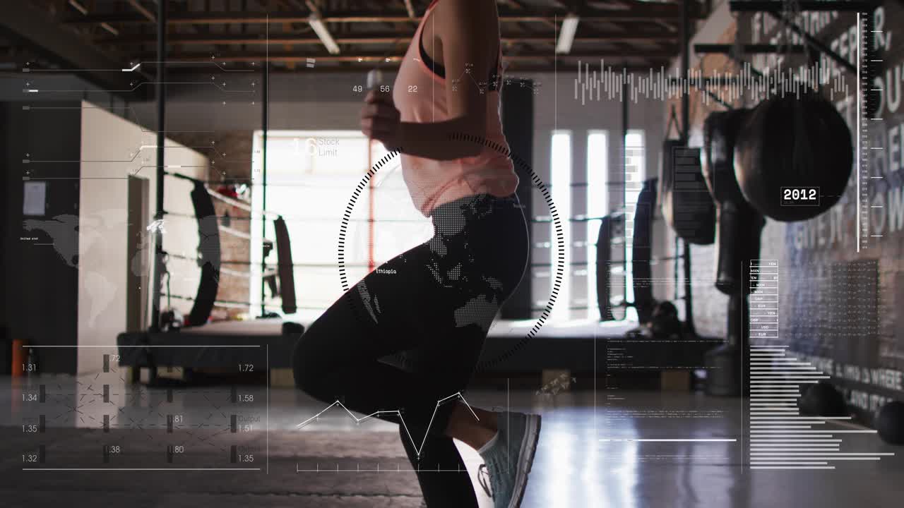 Female athlete starting warm-up, performing footwork progression for cardio with HUD chart overlays