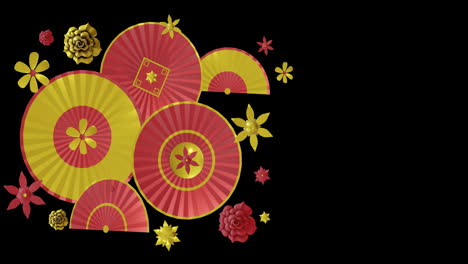 Animation-of-chinese-red-and-gold-pattern-with-copy-space-on-black-background