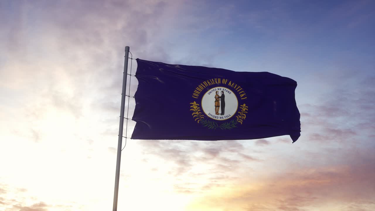 la bandera del estado de kentucky ondeando en el viento. dramático fondo del cielo. 4k