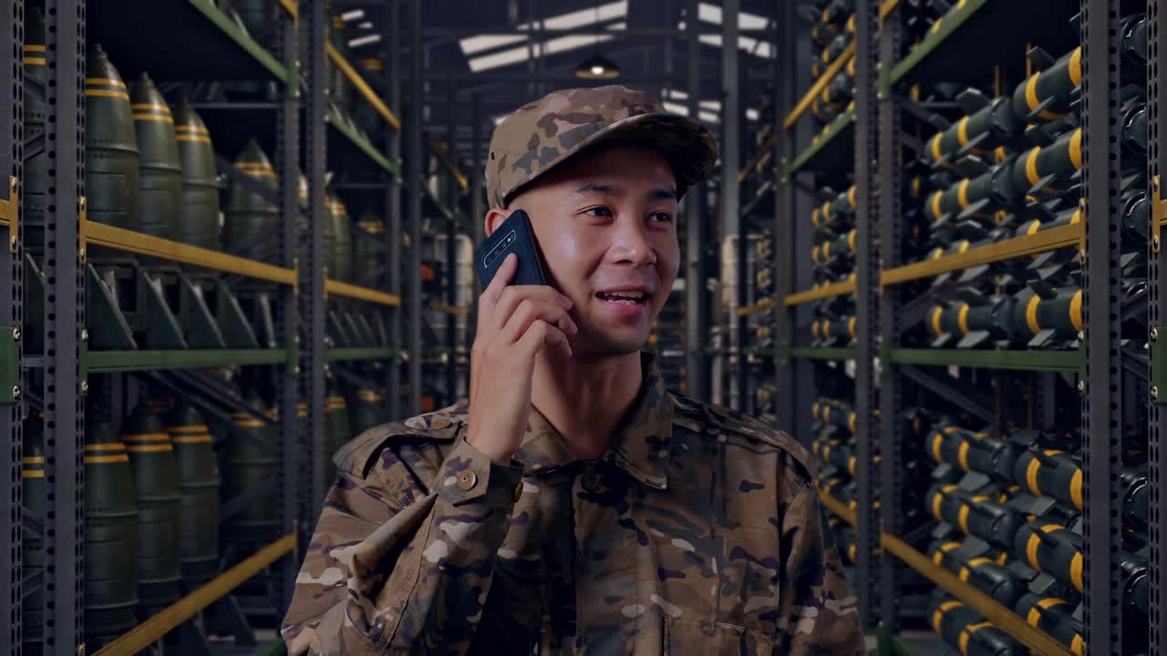 Primo piano di un militare asiatico che parla al telefono e si guarda intorno mentre si trova in un deposito di munizioni militari