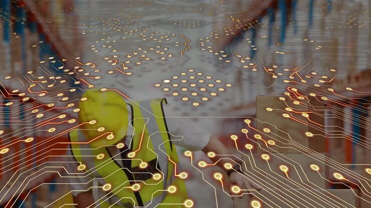 Animation of network of connections over caucasian male worker in warehouse