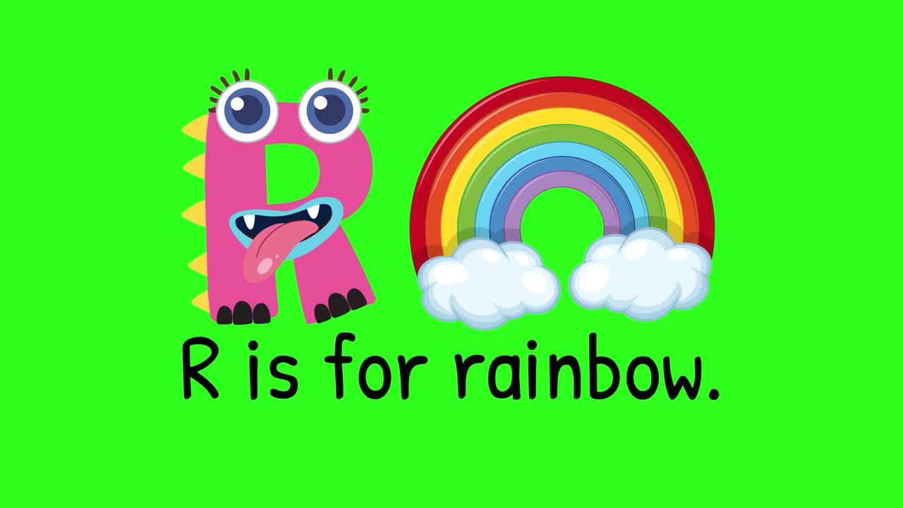 Animazione vivace e giocosa della lettera 'R' che si trasforma in un arcobaleno su uno sfondo green screen.