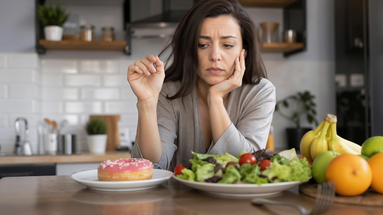 Mulher triste olhando para um donut rosa enquanto sentada em frente a uma tigela de salada saudável.