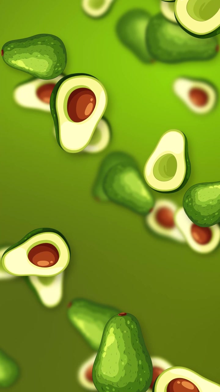 Avocado stilizzati interi e a metà cadono continuamente su uno sfondo a rete verde vibrante