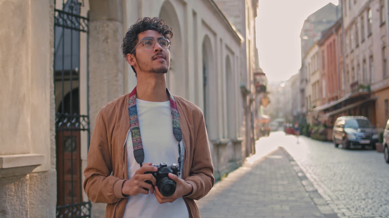 Man taking photos on a European street