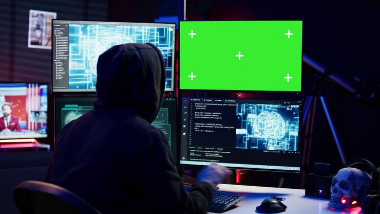Hacker che lavora su un PC chroma key usando la tecnologia dell'intelligenza artificiale