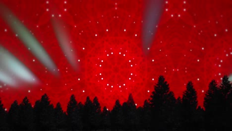 animation of kaleidoscopic shapes over red background with trees silhouettes