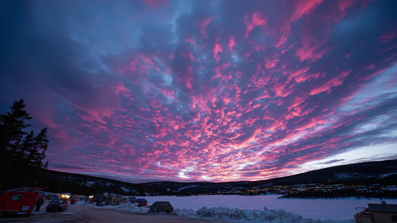 Breathtaking Winter Sunset Over Frozen Lake: A Striking Display of Vibrant Pink and Blue Clouds Illuminating the Winter Landscape at Dusk