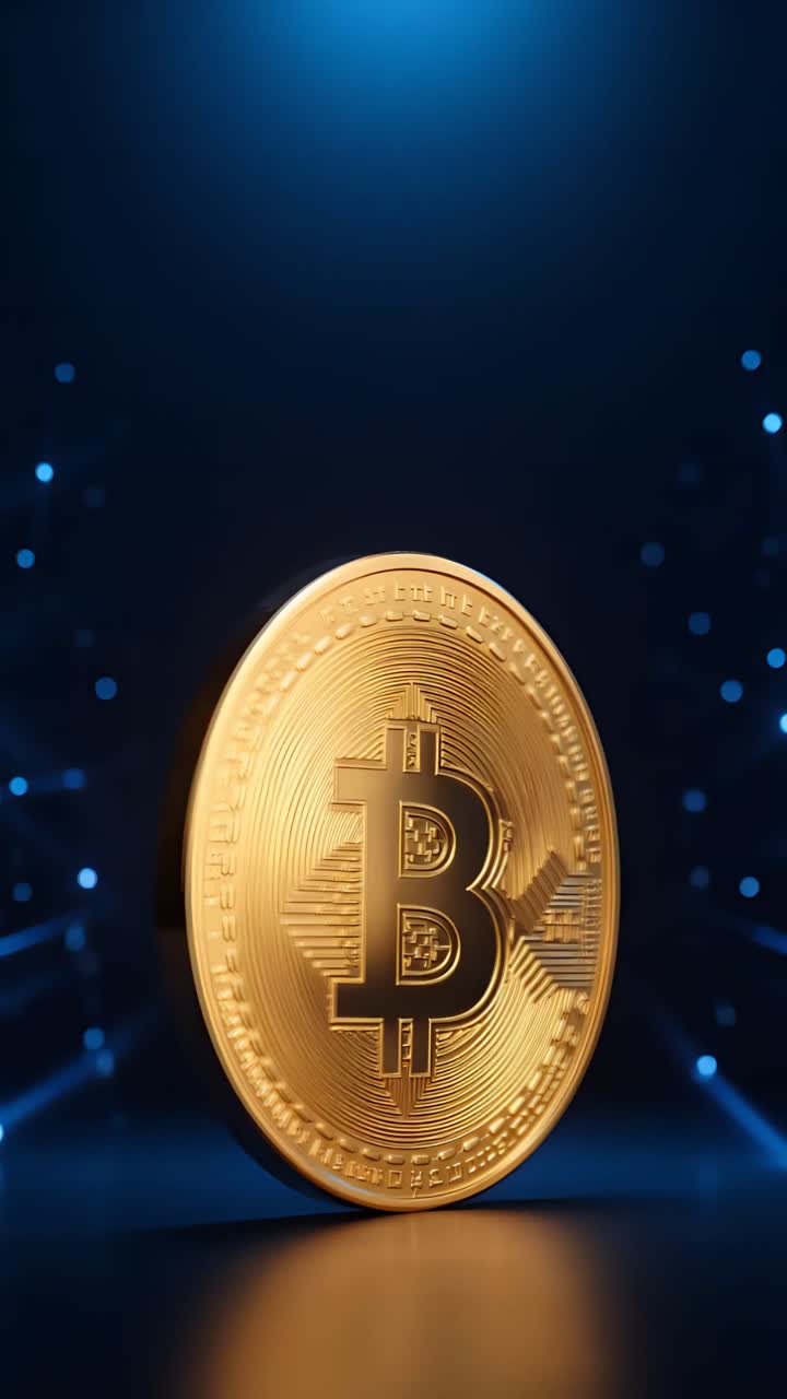 Animazione rotante di Bitcoin dorato su sfondo scuro, criptovaluta cinematografica 4K.