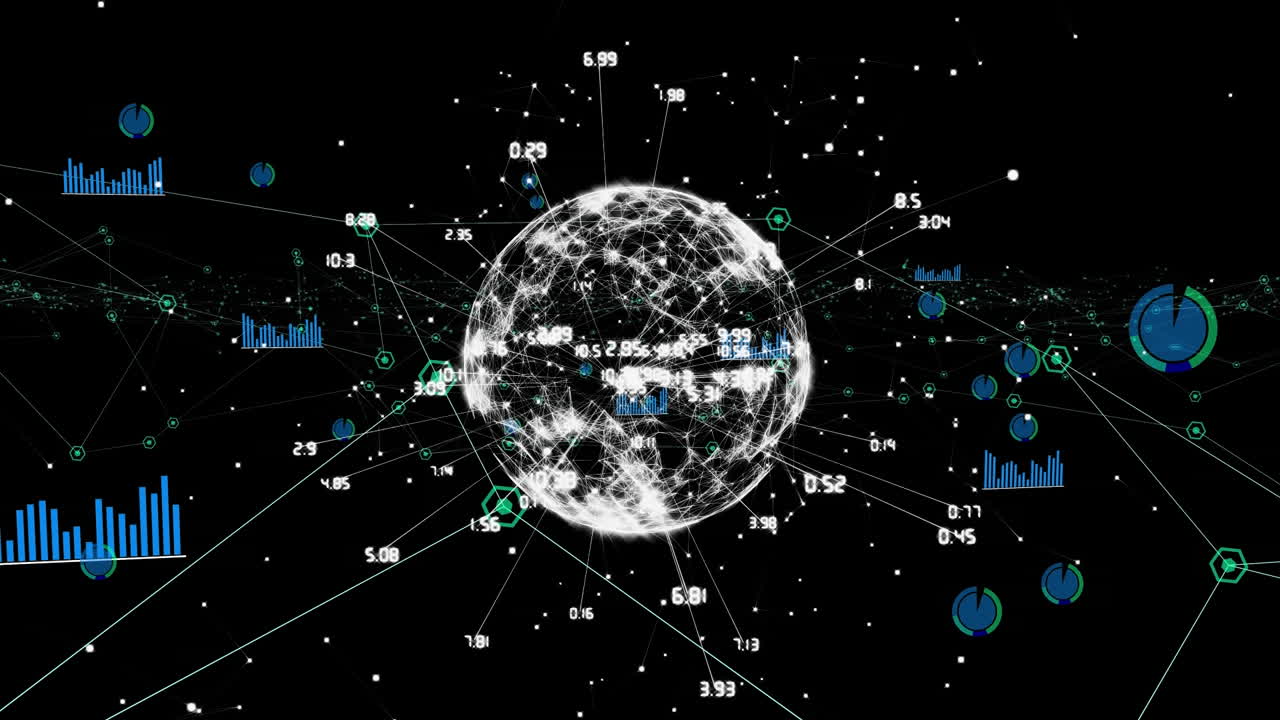 검은 바탕에 회전하는 연결 네트워크의 지구의 디지털 애니메이션