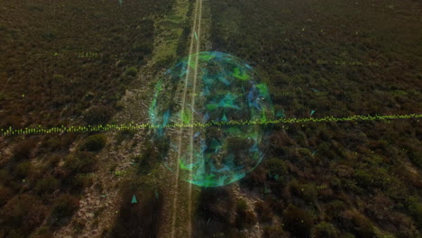 holographic 3d globe network hovering above dirt road, streaming data points and numeric readouts