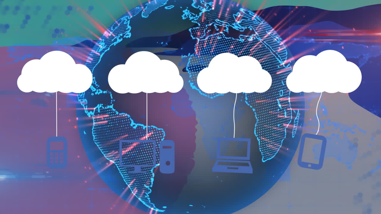 Animation of clouds and digital icons over globe spinning in background