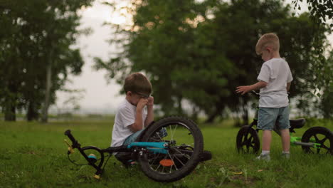 two young siblings in a grassy field, the younger one stands holding a bicycle, while the older brother squats near his bicycle, rubbing his eyes, appearing tired