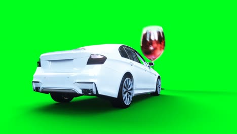 el coche blanco genérico 3d se estrella contra una botella de alcohol. concepto de conductor sobrio. animación en pantalla verde 4k.