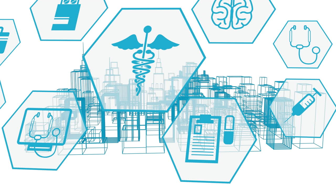 Animação de ícones médicos sobre cidade digital em fundo branco